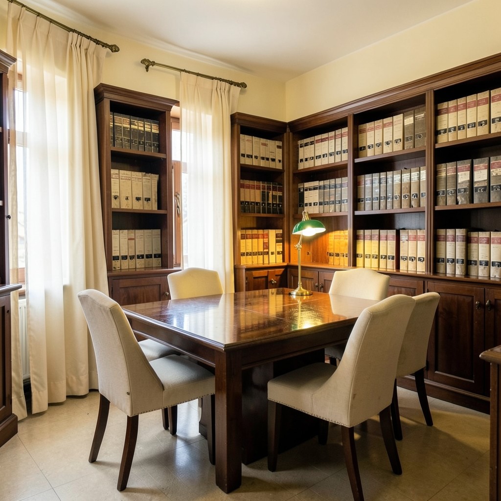 Oficina de consultoría laboral con estantería de expedientes y mesa de reuniones en madera oscura