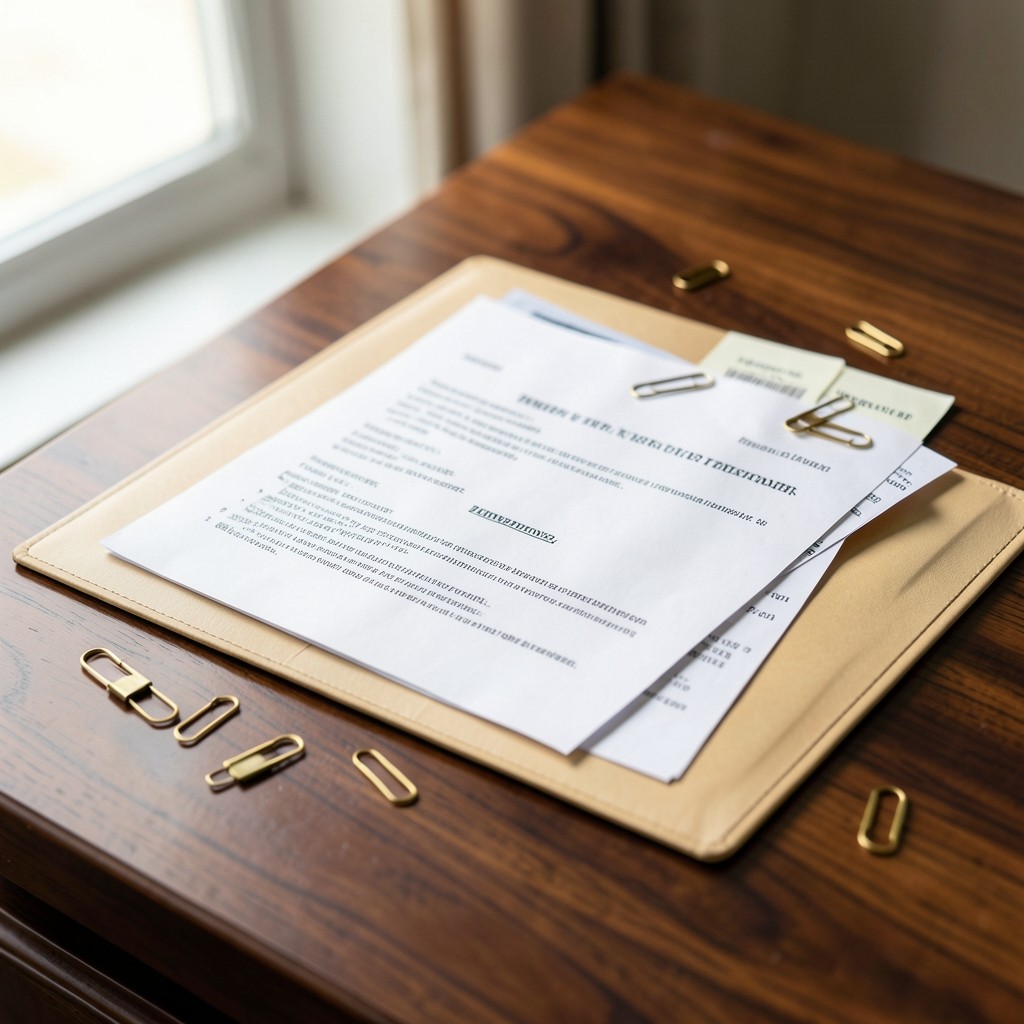 Carpeta con contrato laboral, nóminas y carta de despido organizados sobre mesa