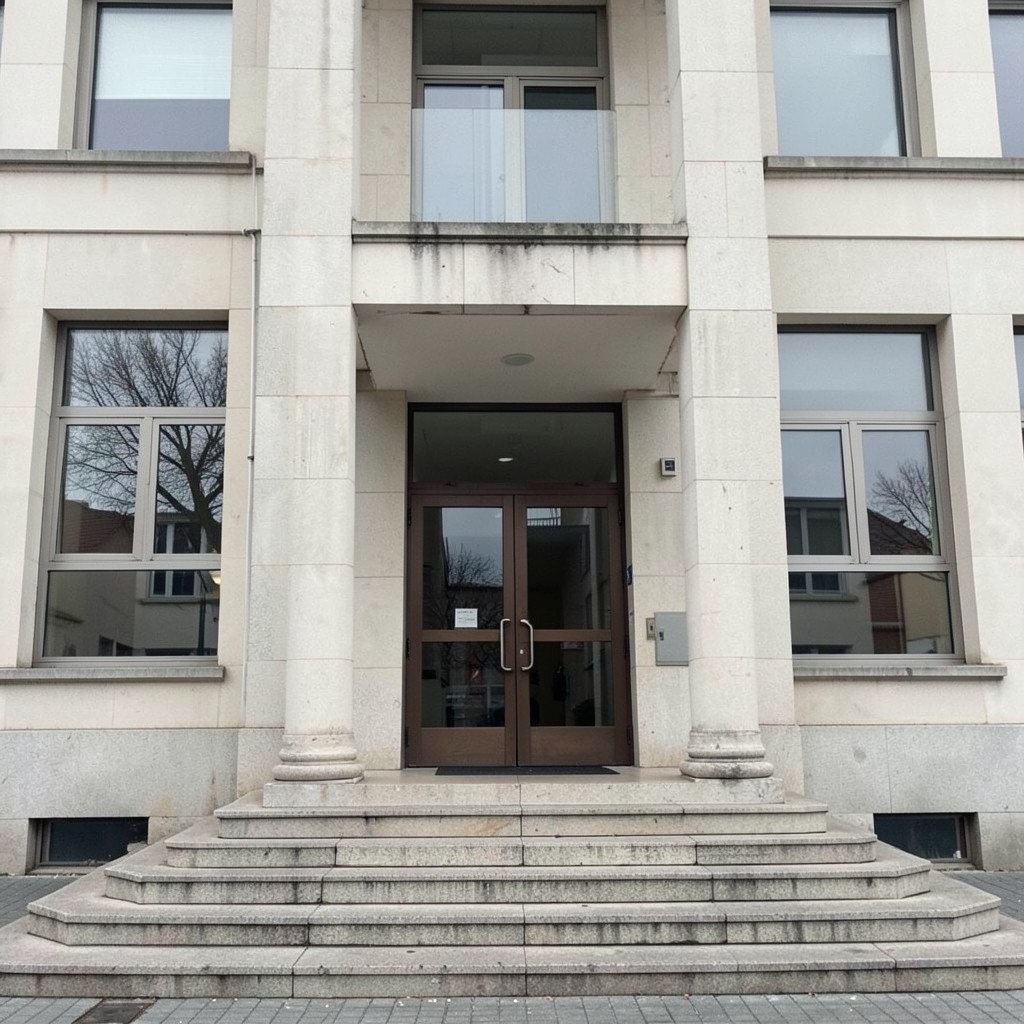 Edificio administrativo con placa indicativa de servicios de mediación laboral