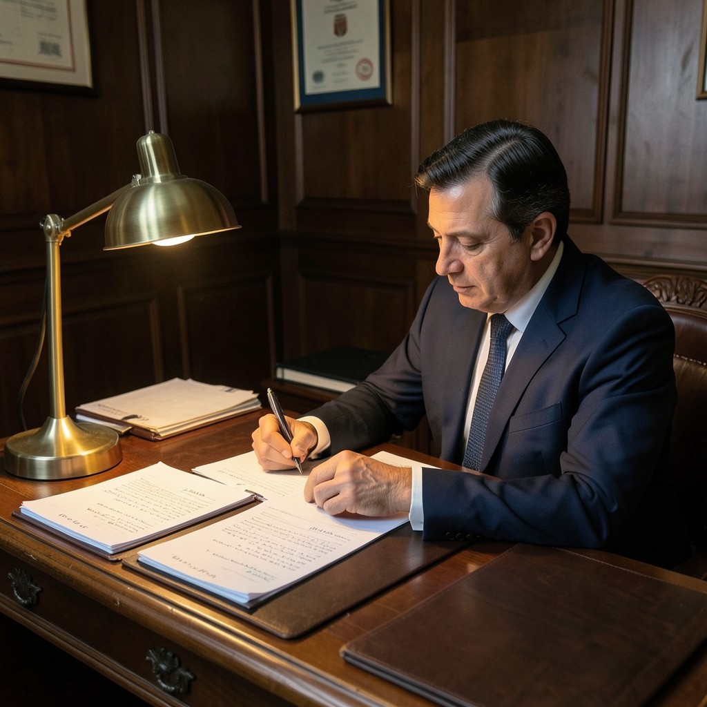 Abogada revisando papeleta de conciliación laboral con documentos sobre escritorio de madera