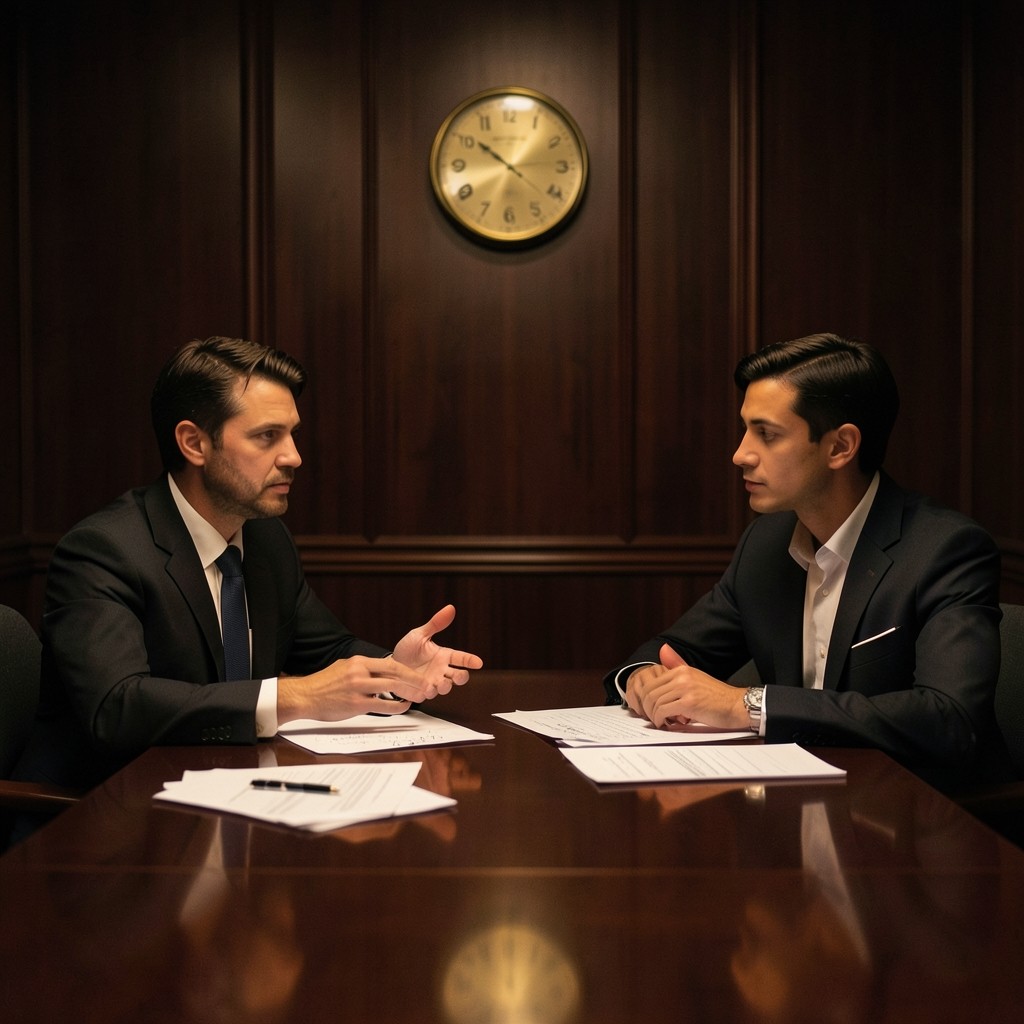 Dos personas ensayando argumentos ante mesa con documentos legales y reloj de pared